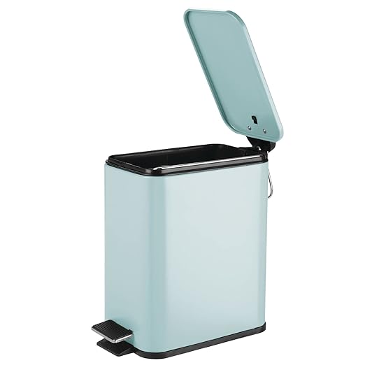 mDesign Slim Metal Rectangle 1.3 Gallon/5 Liter Trash Can with Step Pedal Easy-Close Lid Removable Liner - Narrow Wastebasket Garbage Container Bin for Bathroom Bedroom Kitchen - Matte Mint Green