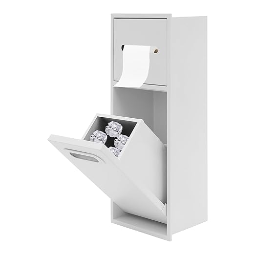 3 Gallon Bathroom Trash Can Niche Recessed Trash Can Cabinet with 2 Tiers Storage Stainless Steel Garbage Bins with Toilet Paper Holder for Bathroom Kitchen Bedroom Hotels (White)