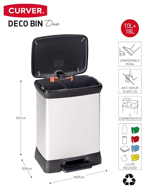 Curver Metal Effect 70% Recycled Kitchen Accessories 30L Duo Recycling Pedal Touch Deco Bin Silver
