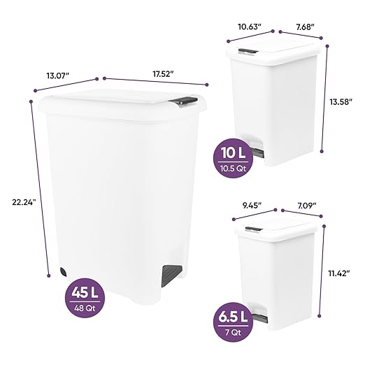 Superio 6.5L 10L and 48L Slim Step &amp Push Trash Cans - 3 Pack Dual Opening Smooth Matte Finish Durable Plastic - White