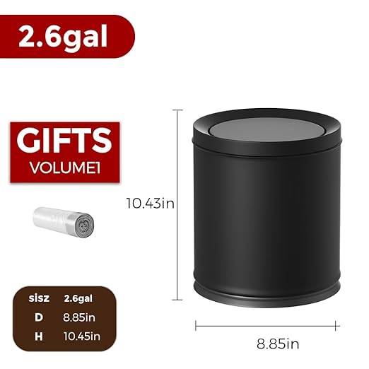 10L/2.6GAL Black Bathroom Trash Can with Swing LidBedroom Garbage can with lid Small Trash Bin for BathroomBedroomOfficeLiving RoomHotelBank