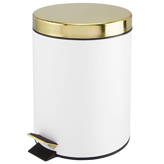 mDesign Pedal Bin — Metal Waste Bin with Pedal Lid and Plastic Bucket Insert — Perfect for Bathroom Kitchen and Office — Household Rubbish Bin with Ergonomic Design — White/Gold
