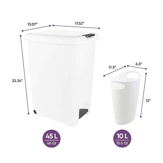 Superio 10L and 45L Slim Step &amp Push Trash Cans - 2 Pack Dual Opening Space-Saving Design Durable Plastic - White