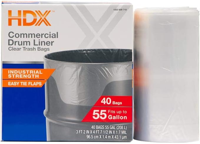 HDX 55 Gallon Clear Heavy-Duty Flap Tie Drum Liner Trash Bags (40-Count)