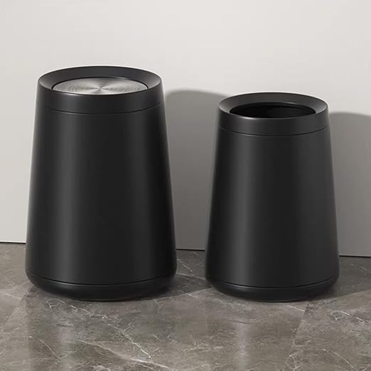 10L / 2.6Gal Metal Black Trash Can with Swing Lid Modern Brass Garbage Can with Removable Inner Decorative Unique Waste Basket for Bathroom Bedroom Office Hotel (Black)