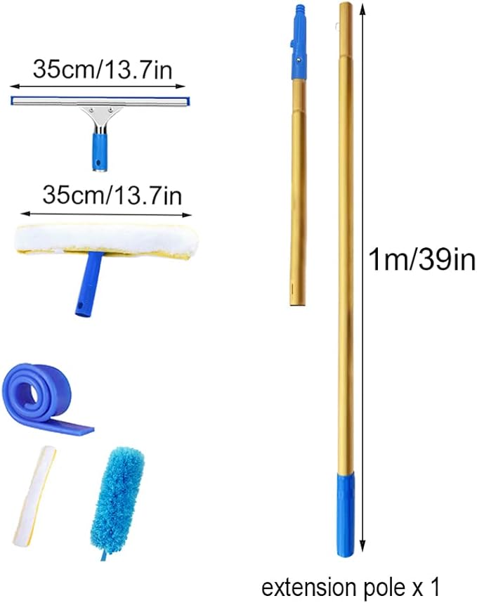 Window Glass Cleaner with Extension Pole 55/94/137/177 Long Handled Cleaning Kit Rubber Wiper for Bathroom Garage Window Cleaning Equipment with Microfiber Scrubber (55)