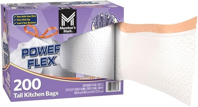 Member-Mark PowerFlex 13 Gallon Lavender-Scented Tall Kitchen Trash Bags 200 Count with Durable Drawstring Closure Custom Bundled by MOOCHI