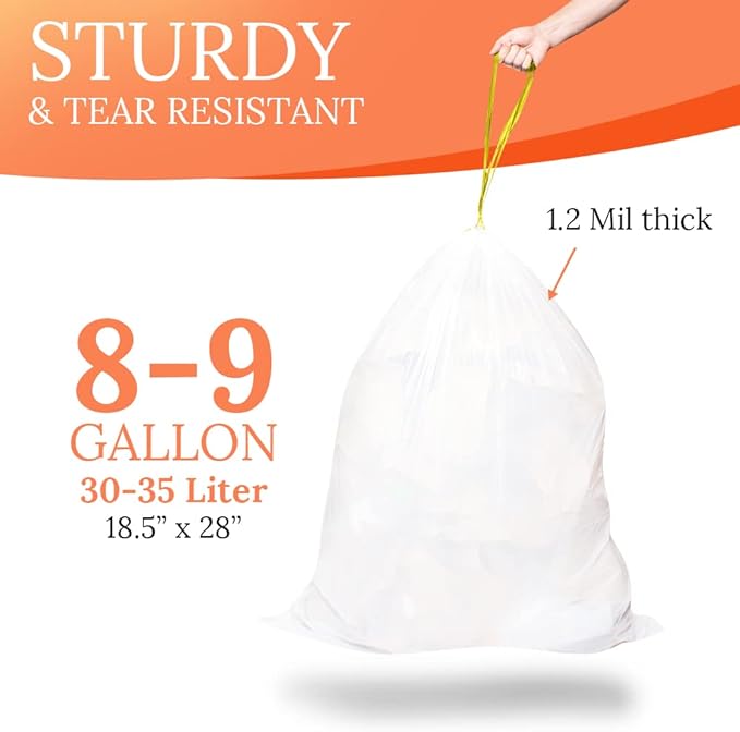 Delight Bags (Code H) 200 Count Compatible with Simplehuman Code H White Drawstring Trash Bags 8-9 Gallon 30-35 Liter 18.5’’ x 28’’ 1.2 Mil thick