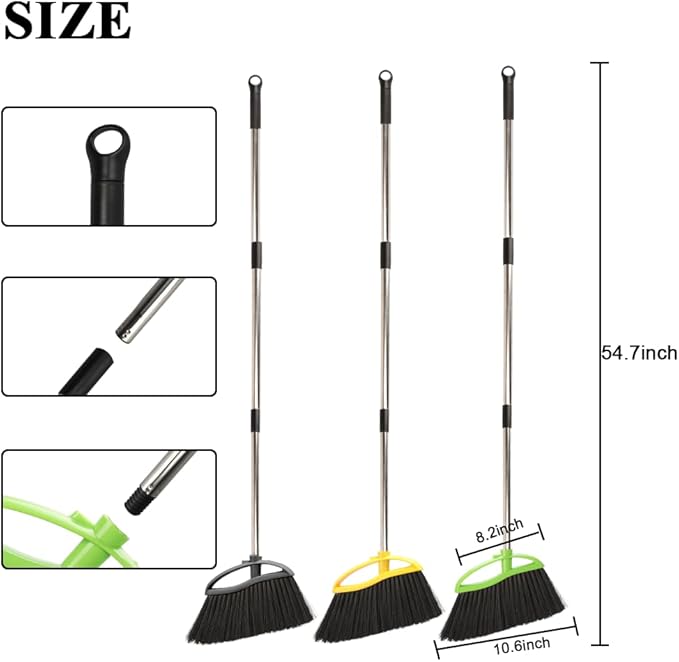 3 Pack Soft Bristle Angle Broom for Floors - Wide Indoor Heavy Duty Broom with 38-53.5 Adjustable Handle Kitchen &amp Restaurant Use for Hardwood Porch (Gray Yellow Green)
