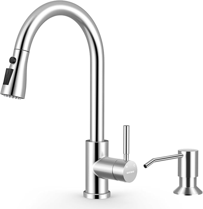 WEWE Kitchen Faucet with Pull Down Sprayer and Soap Dispenser Polished Chrome High Arc Single Handle Stainless Steel Sink Faucet Suitable for Farmhouse RV &amp Laundry