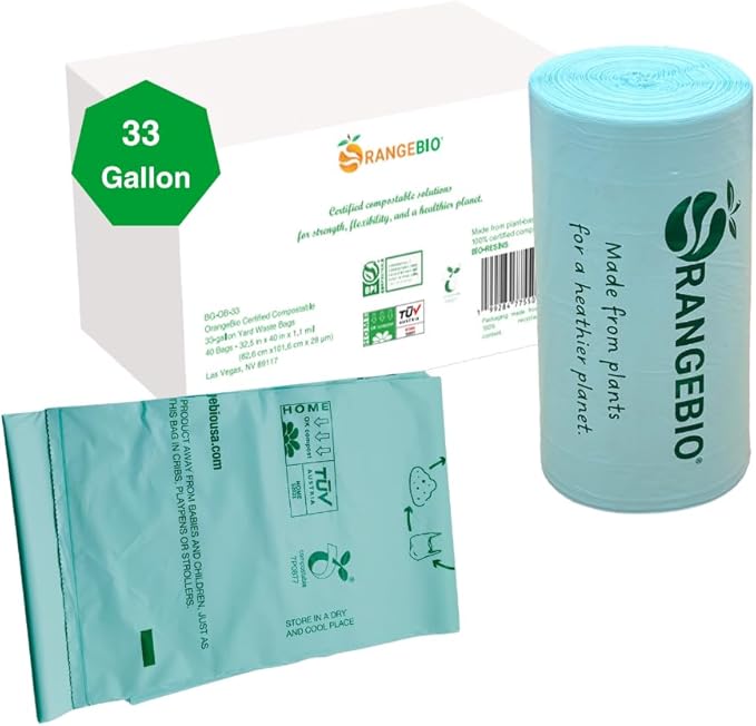 OrangeBio 33 Gallon Compostable Trash Bags 40 Count Heavy Duty Yard Waste &amp Lawn Bags Plant-Based Garbage Bags BPI ASTM D6400 &amp TÜV OK Compost Home Certified