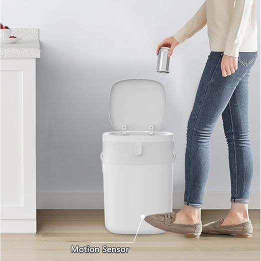 Automatic Motion Sensor Bathroom with Covered Trash Can One Smart Plastic Trash Cans Suitable for Bathrooms Offices Bedrooms Living Rooms (White)