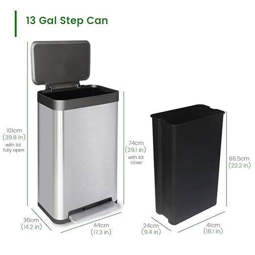 13 Gallon Stainless Steel Trash Can with Removable Inner Bucket Soft Close &amp Stay Open Lid Step-on Pedal – Modern Kitchen Garbage Can for Home Office or Commercial Use