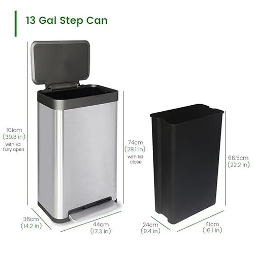 13 Gallon Stainless Steel Trash Can with Removable Inner Bucket Soft Close &amp Stay Open Lid Step-on Pedal – Modern Kitchen Garbage Can for Home Office or Commercial Use