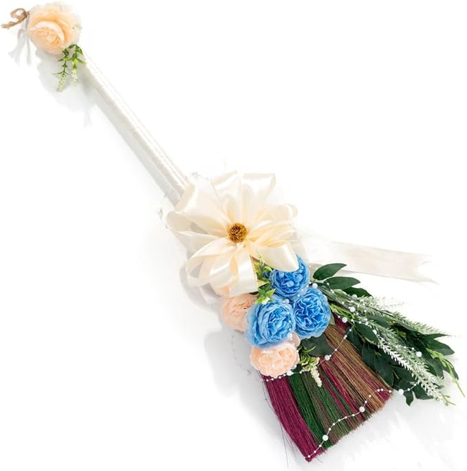 Elegant Wedding Brooms Bride Bridegroom Jumping The Broom for Wedding Natural Whisk Broom with Ribbons Artificial Pearl LeavesRoses for Decorative