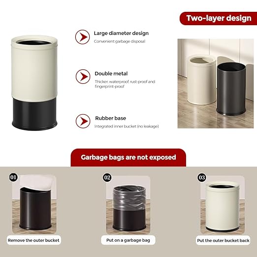 12L/3.1GAL White Bathroom Trash Can Without Lid Small Wastebasket for OfficeMetal Garbage Can for BedroomChildren's Room Powder RoomHotelBank (12L-White)
