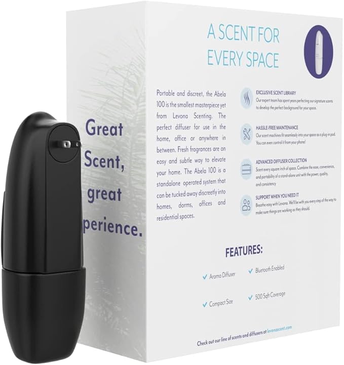 Levona Scent Waterless Diffuser - Essential Oil Aroma Smart Plug-in Portable Scent Machine for Home Office &amp Hotel Room Covers 500 sqft - Abela 100 Matte Black (with 120ml Oil &amp Cleaning C