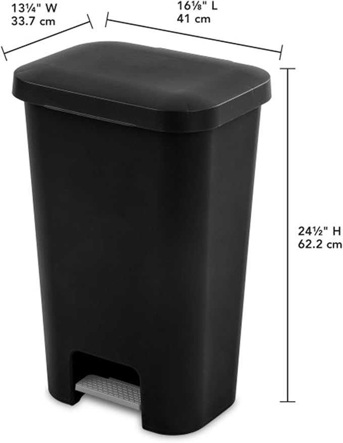 Sterilite 11.9 Gallon Rectangular Step On Kitchen Plastic Indoor Wastebasket with Wide Opening Lid and Comfort Handle for Home Black (8 Pack)