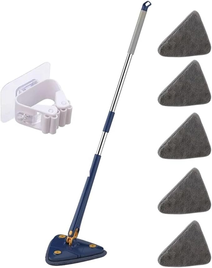 Triangle Cleaning Mop Telescopic 360° Rotatable Adjustable Microfiber with 4 Pads Floor Household Ceiling(Blue-5pc-cloth)