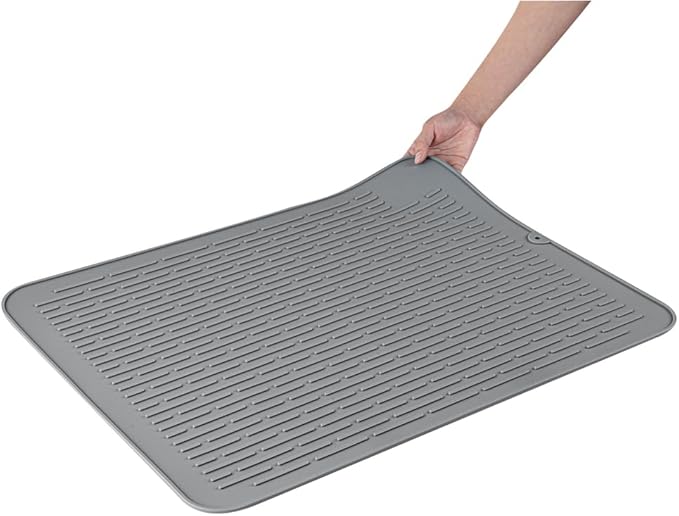 Restaurantware Comfy Grip 23 x 18 Inch Extra-Large Countertop Drying Mat 1 Food-Grade Dish Drainboard - Ribbed Design And Raised Sidewalls Waterproof Gray Silicone Draining Pad Dishwashable