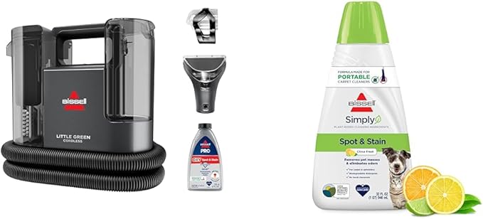 Bundle of BISSELL® Little Green® Cordless Portable Deep Carpet and Upholstery Cleaner + BISSELL Simply Spot &amp Stain Portable Carpet Cleaner Formula 32 oz 3368