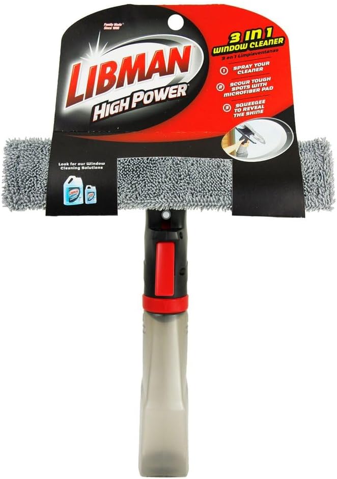 Libman 3-in-1 Window Squeegee Spray Tool – Spray Bottle with Microfiber Scrubber and Rubber Blade – All-in-One Glass Cleaner – Streak-Free Shine – Machine-Washable – Easy Storage &amp Use