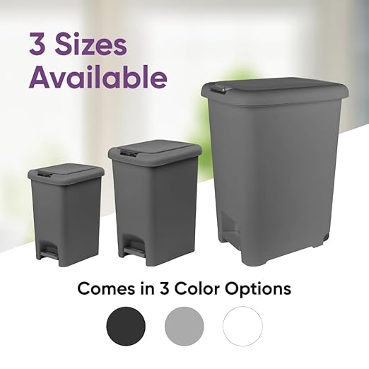 Superio 6.5L Slim Step &amp Push Trash Can - Dual Opening Smooth Matte Finish Durable Plastic (9.5x7x11.5) - Gray