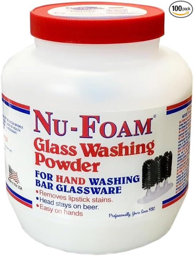 Nu-Foam Glass Washing Powder - Detergent for Bar Glassware – Original Streak-Free Solution - Hand Washing Bar Tavern Brewery Supplies - Spotless Serving Glasses - Easy On Hands - 4 Lb Jar