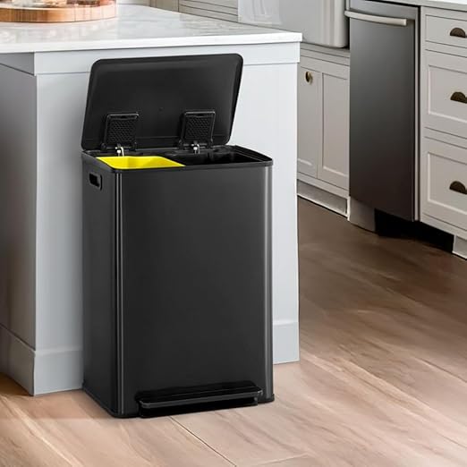 CAPHAUS Black Dual Trash Can w/Single Lid Trash &amp Recycle Bins Combo Hands-Free Stainless-Steel Garbage Can for Kitchen with 2 Compartment Hinged Lid Odor Filters Handles 30L+30L 2 x 8 Gal