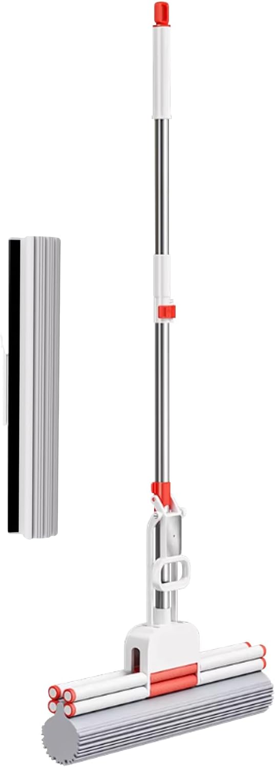 Household Telescopic Rod PVA Roller Mop One-Click Replacement 14.96Inch Sponge Head (Includes an Extra PVA Mop Head) Suitable for Tiles Floors Bathrooms and Home Use