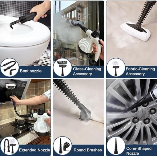 Handheld Steam Cleaner a versatile and portable home cleaning device comes with a 10-piece accessory set. Effortlessly removes stubborn stains like dirt and grease saving you time and effort.