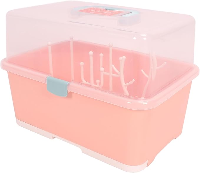 SUNGOOYUE Baby Bottle Drying Rack Portable PP Nursing Bottle Storage Box with Detachable Drain Feeding Bibs for Home Travel Bib (Implicit Pink) SUNGOOYUEpofvukabs8-12