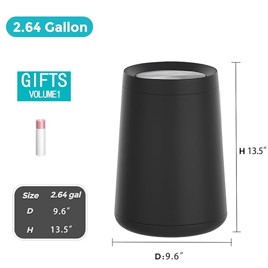 10L / 2.6Gal Metal Black Trash Can with Swing Lid Modern Brass Garbage Can with Removable Inner Decorative Unique Waste Basket for Bathroom Bedroom Office Hotel (Black)