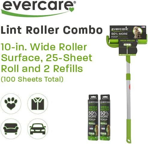 Evercare Pet Mega Lint Roller Value Pack with Two 50-Sheet Refills - Includes Refillable Lint Roller Adhesive Sheets Versatile Cleaning Uses Home and On-The-Go Use Extendable Handle