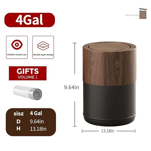 15L/4GAL Modern Metal Waste Bin with Realistic Wood TextureBuilt-in Bag HolderSwing Lid Trash Bin for BathroomHomeOfficeLiving Room (4gal Swing lid)