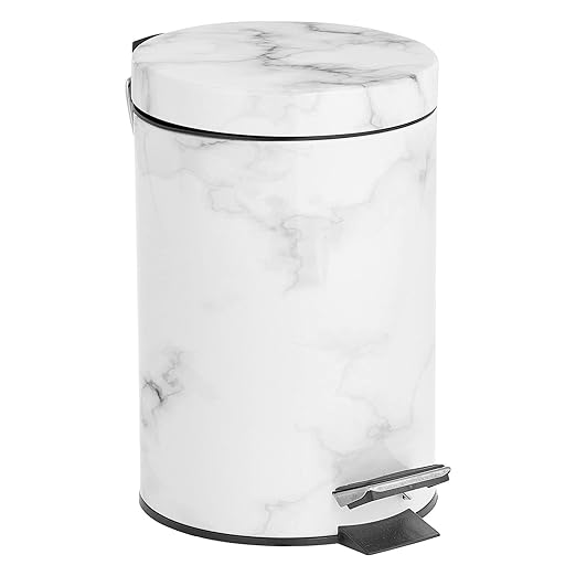 mDesign Extra Small Modern 3-Liter/.7 Gallon Round Metal Lidded Step Trash Can Compact Garbage Bin with Removable Liner Bucket and Handle for Bathroom Kitchen Office Garage - White Marble Print