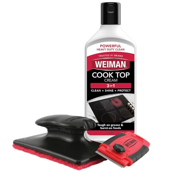 Weiman Glass &amp Ceramic Cooktop Stove Top &amp Oven Cleaner Kit – Kitchen Cleaner Cream 3 Scrubbing Pads &amp Scraper for Burnt-On Food &amp Grease Clean Shine - Safe for Induction Electric