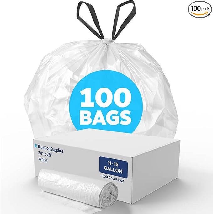 Regular-Duty 13 Gallon Drawstring Kitchen Trash Bags White Garbage Bags 24 x 28 100 Count