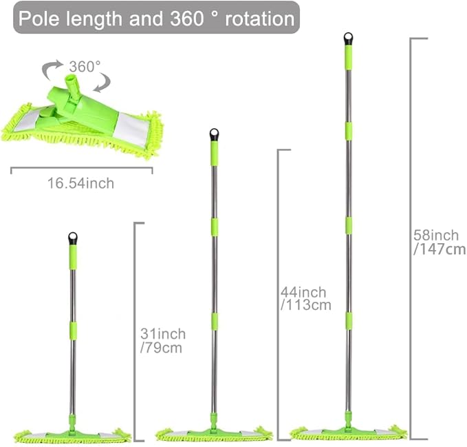[Godiyyer] Dust Mop for Floor Cleaning 360° Swivel Chenille Mop with 2 Washable Pads Adjustable 31-58 Handle Dry and Wet Available Suitable for Hardwood Laminate Tile Marble