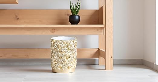 Decorative Glod Trash Can Elegant Resin Carved Waste Basket 8x10 Trash Bin Decor Rose Floral Garbage Can for Office BathroomBedroomLivingroom 8L/2.2Gallon(Gold)