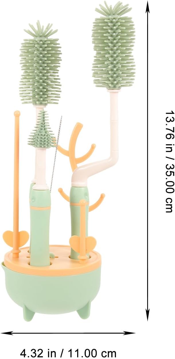 Multifunctional Bottle Brush Set with Extra Long Handle and Stand for Cleaning Milk Bottles and Straws Green Suitable for Feeding