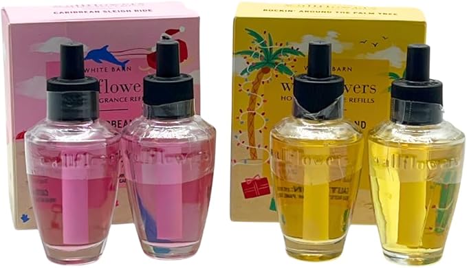 Bath &amp Body Works Wallflowers Refills Christmas Scents 4-Bulb Bundle – Holiday Tropical &amp Coastal Collection 2-Pack Gift Set with a Blue Bow (Caribbean Sleigh Ride + Rockin’ Around The Palm Tr