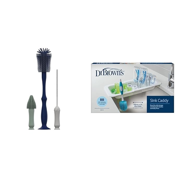 Dr. Brown's Silicone Cleaning Brush Set with Brushes for Baby Bottles Spouts Nipples and Straws 3-Pack + Dr. Brown's Sink Caddy Baby Bottle Drying Rack and Organizer BPA-Free