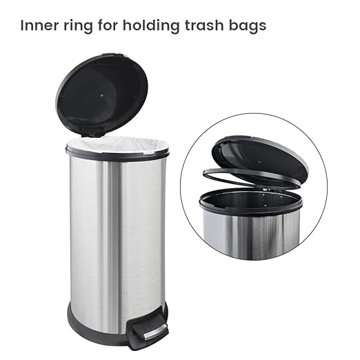 10 Gallon Trash Can with Lid Tall Round Stainless Steel Kitchen Garbage Can with Plastic Lid Liner Free Step-on Pedal Hand Free Trash Can 40 Liter Capacity Silver