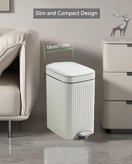 Feisco Small Trash Can with LidSmall Bathroom Trash Can with Foot Pedal and Press Type LidSlim Step-On Trash Bin Wastebasket Garbage Can for KitchenBathroom Office Bedroom (White 2.6 Gallon)