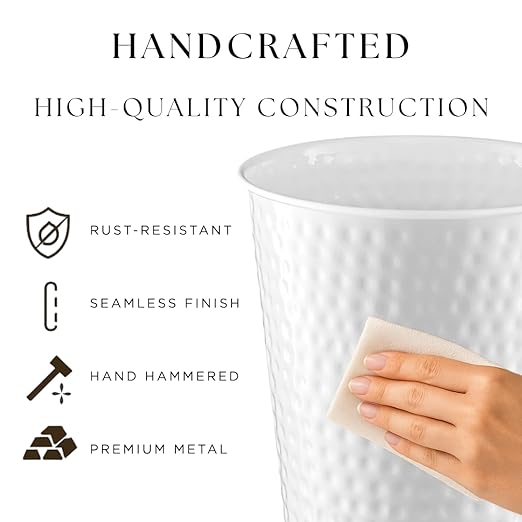 Monarch Abode Metal Bathroom Trash Can – Waste Basket for Bedroom Office Desk &amp Dorm Hand Hammered Durable Decorative White Small Trash Can Bathroom Garbage Bin Wastebasket