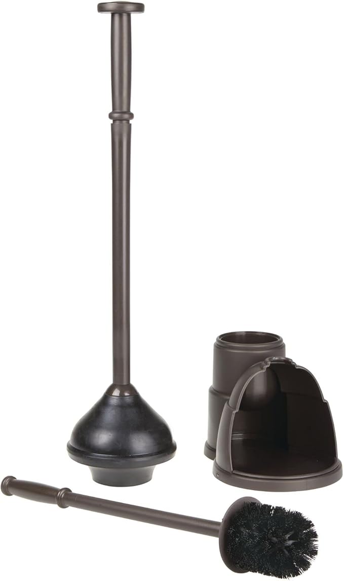 mDesign Plunger and Brush Set for Toilet Bowl - Hidden Modern Toilet Brush and Plunger Set with Caddy - Brush Cleaner and Plunger Combo with Holder for Bathroom - Hyde Collection - Bronze