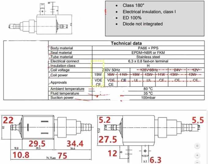 220V 19W Electromagnetic Pump for Steam Mop Iron Replacement CEME E15 Compatible Black Portable