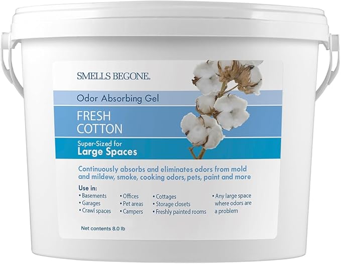 SMELLS BEGONE 1-Gallon Gel Odor Eliminator – High-Capacity Long-Lasting Odor Absorber for Large Basements Garages Workshops &amp Commercial Areas – Removes Odors with Essential Oils (Fresh Cotton)