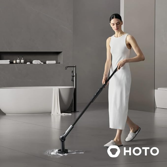 HOTO Flexi™ Cordless Electric Spin Scrubber Adjustable Angle Extendable Handle Smart Display IPX7 Waterproof Powerful Cleaning Scrubber with 8 Replaceable Brush Heads for Bathtub Bathroom Tile